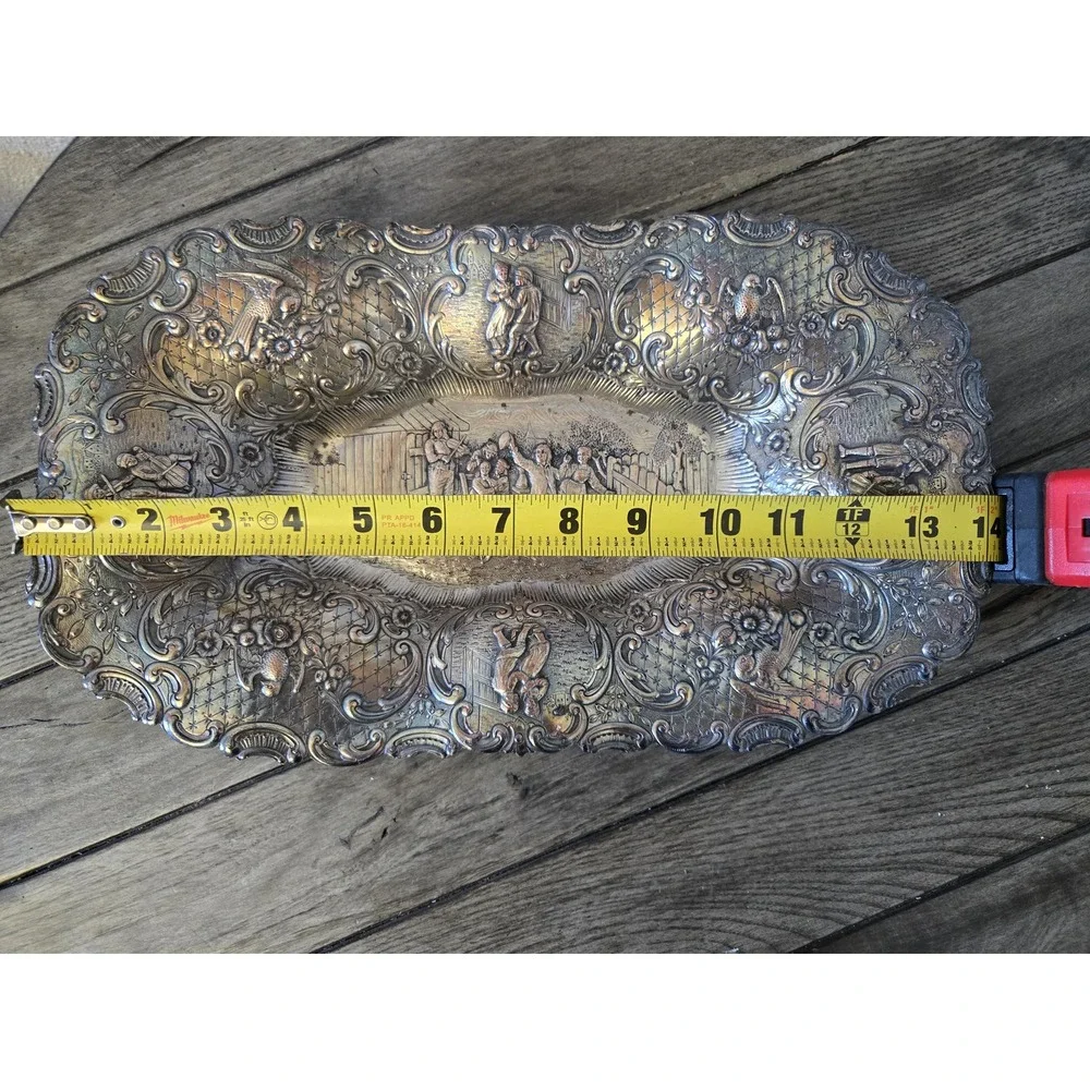 Antique Silver on Copper Dutch Revival Repousse People Tavern Courtyard Bowl